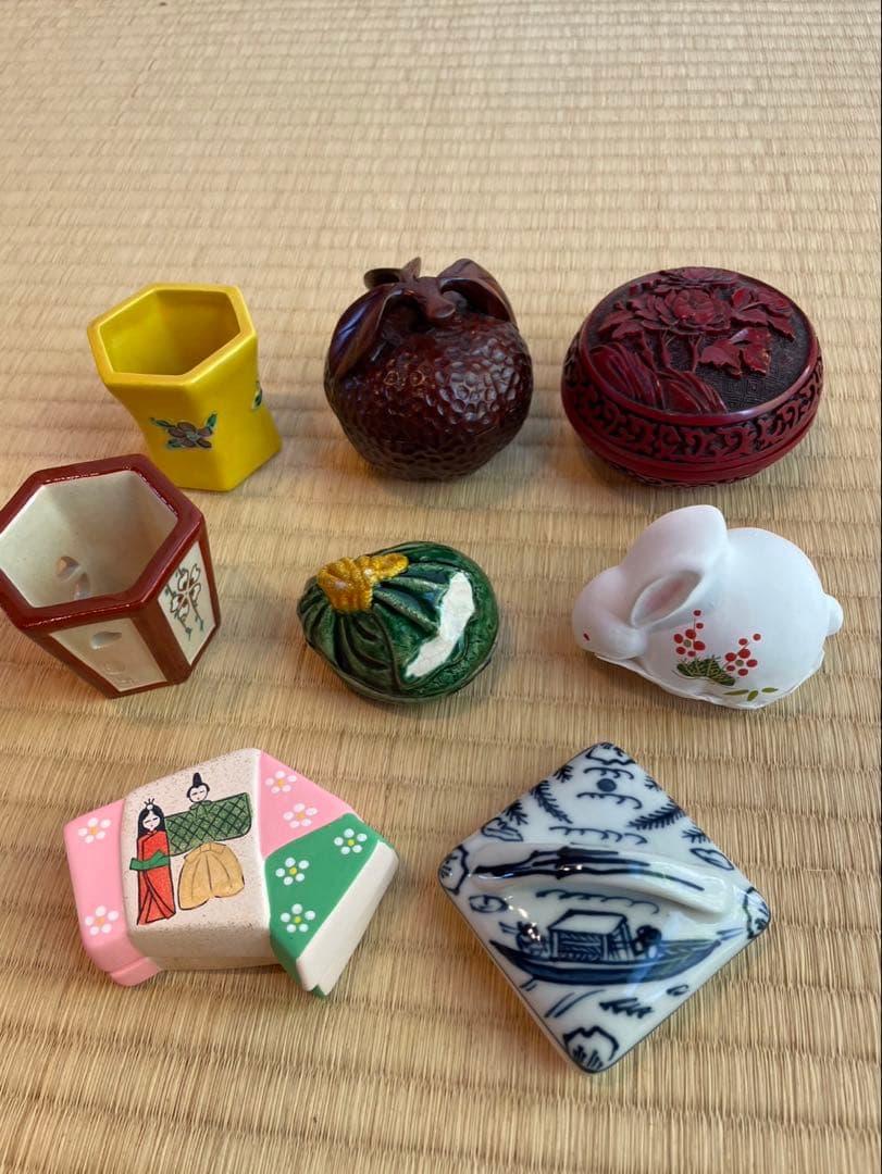 茶道具香合蓋置　堆朱　柚子　隅田川　砂金袋　お雛様　兎　つばき蓋置　ぼんぼり蓋置