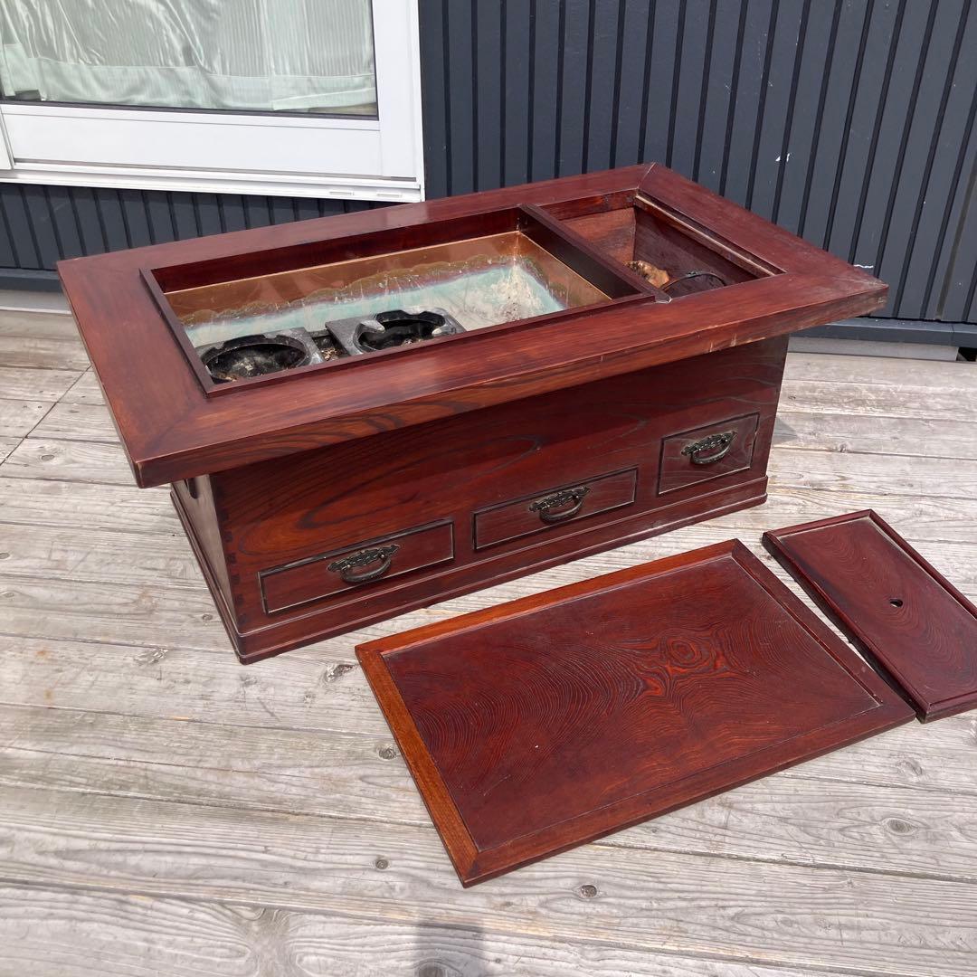 昭和レトロ 木製 長火鉢 3杯 引き出し収納付き 火鉢 五徳付き 囲炉裏 古家具
