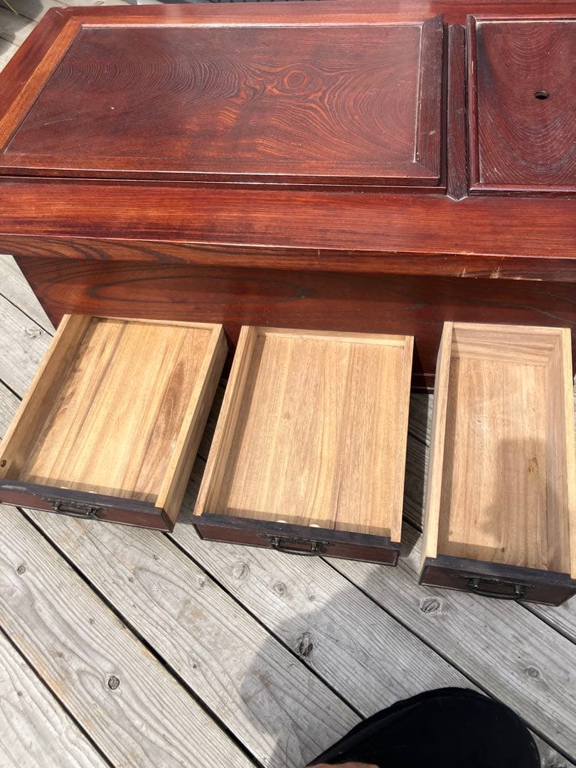 昭和レトロ 木製 長火鉢 3杯 引き出し収納付き 火鉢 五徳付き 囲炉裏 古家具