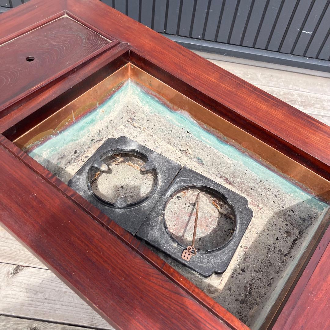 昭和レトロ 木製 長火鉢 3杯 引き出し収納付き 火鉢 五徳付き 囲炉裏 古家具
