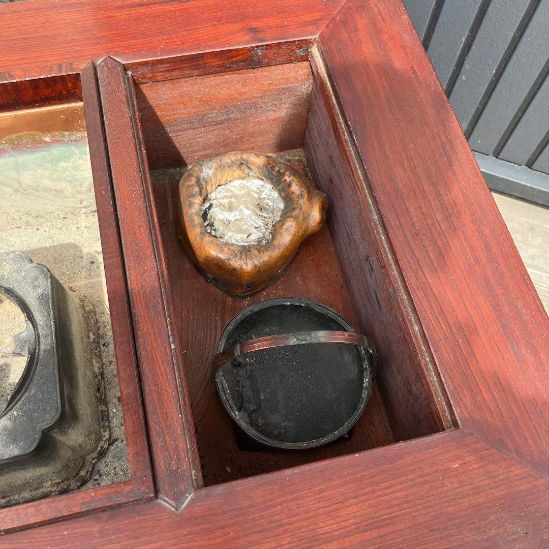 昭和レトロ 木製 長火鉢 3杯 引き出し収納付き 火鉢 五徳付き 囲炉裏 古家具