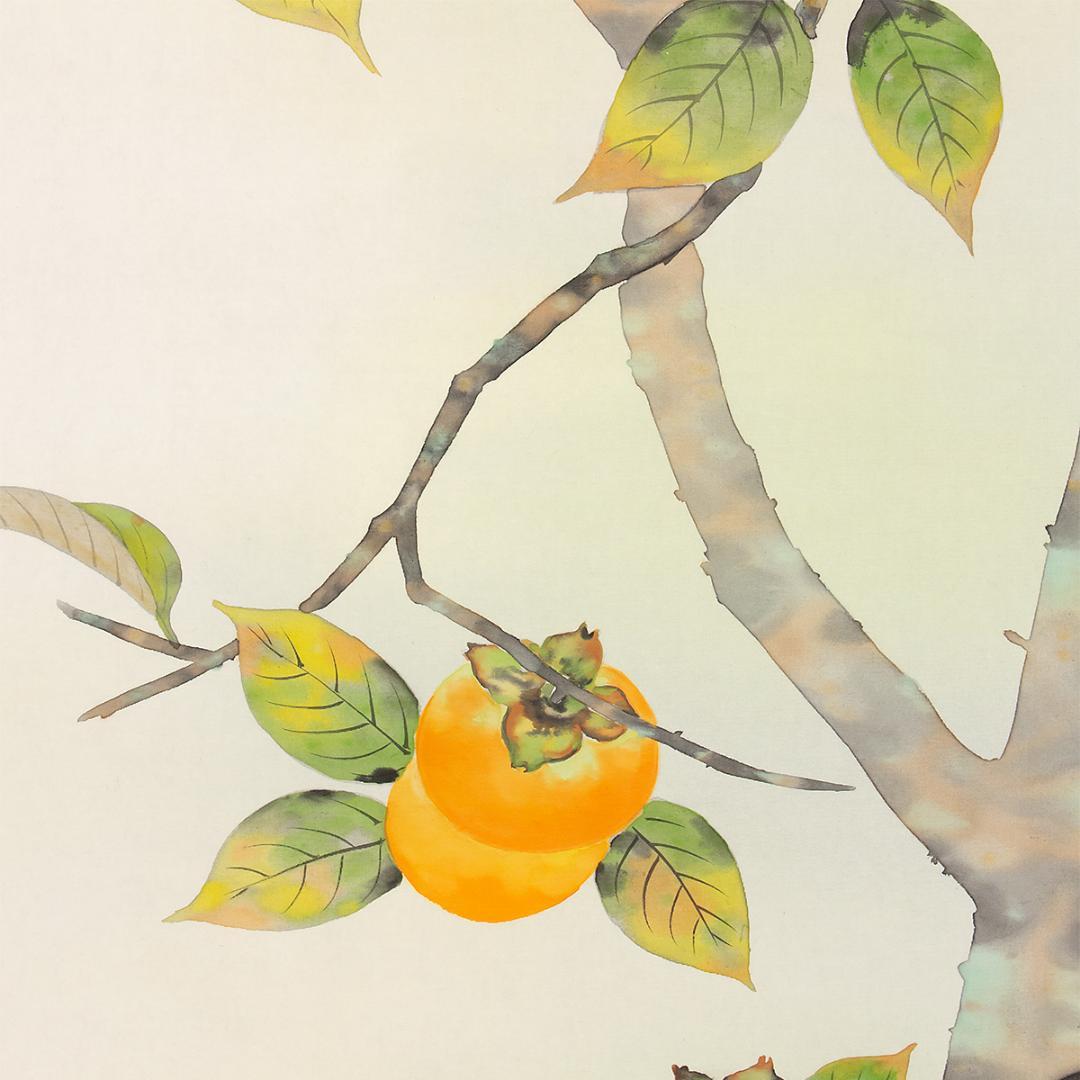 掛軸 日本画 箕輪虹游「柿」共箱 柿に小鳥図 秋掛け