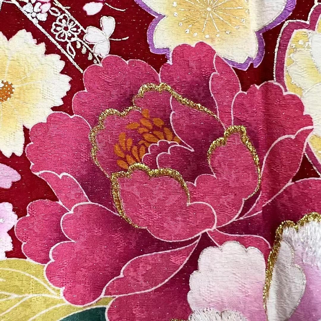 【お得品】 振袖セット 成人式 正絹 振袖 花柄 桜 赤 S87 ●