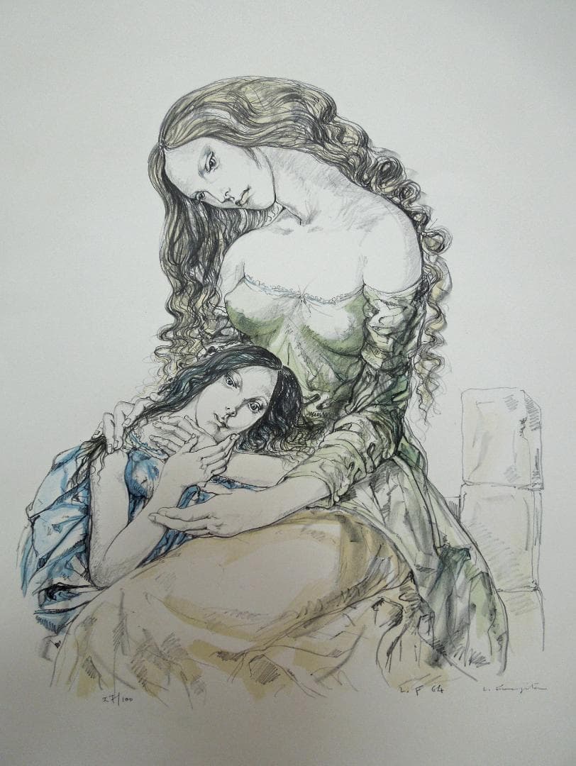 真作　130万円　君代コレクション　藤田嗣治　母と娘　直筆サイン　ブイッソン証明