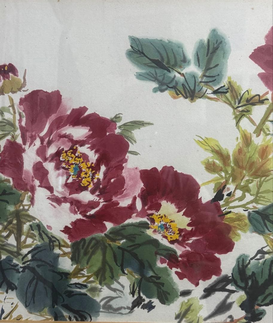 中国　王雪濤　牡丹　栄寶斎　木版水印　額装　送料込み250924