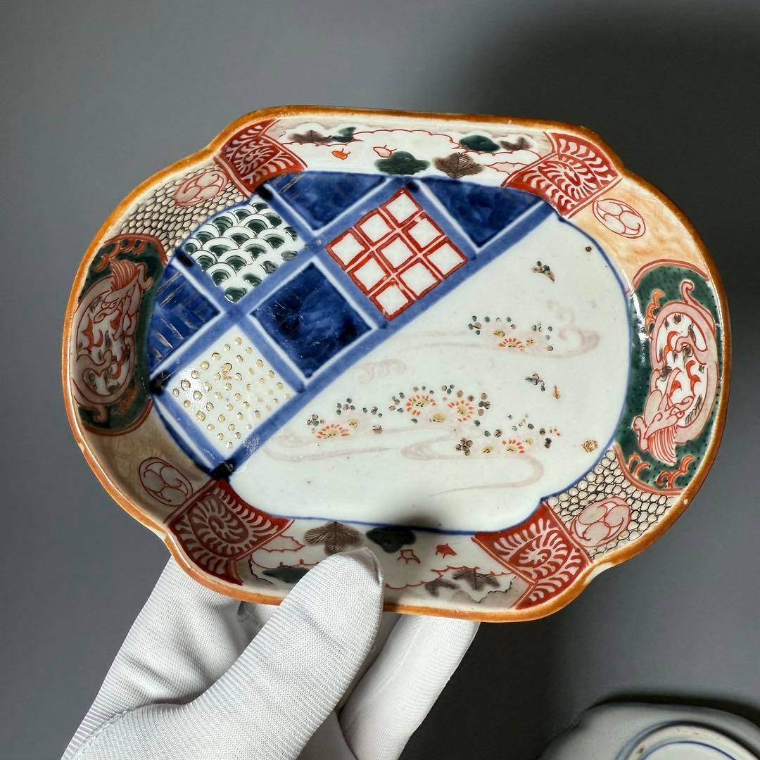 古伊万里　色絵幾何学文木瓜形皿　五客　裏文様有　巻物　宝珠　幕末〜明治期