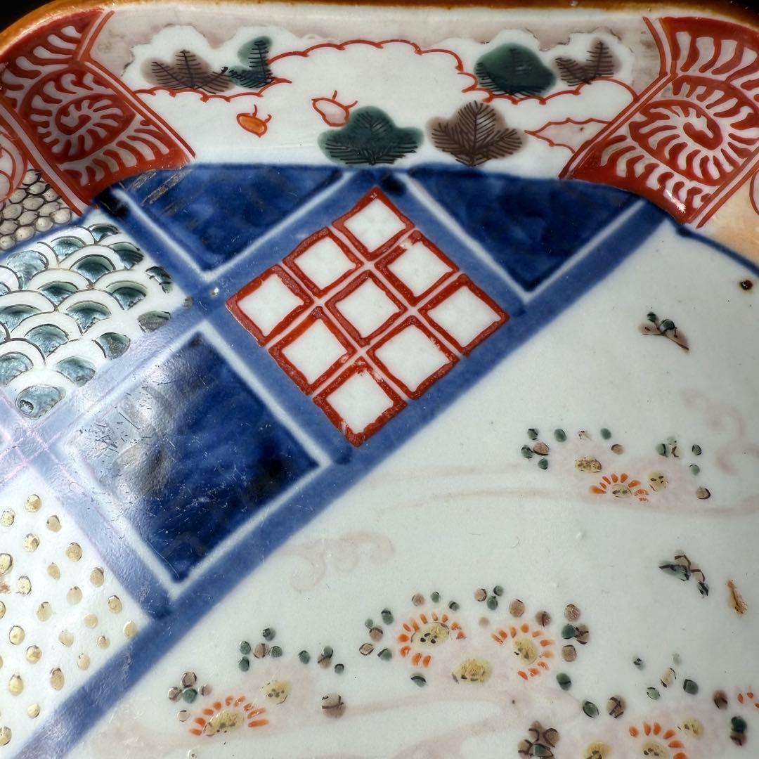 古伊万里　色絵幾何学文木瓜形皿　五客　裏文様有　巻物　宝珠　幕末〜明治期