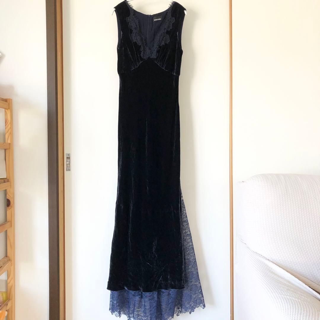 【エルマンノシェルヴィーノ】 ネイビー ロングドレス ベルベット