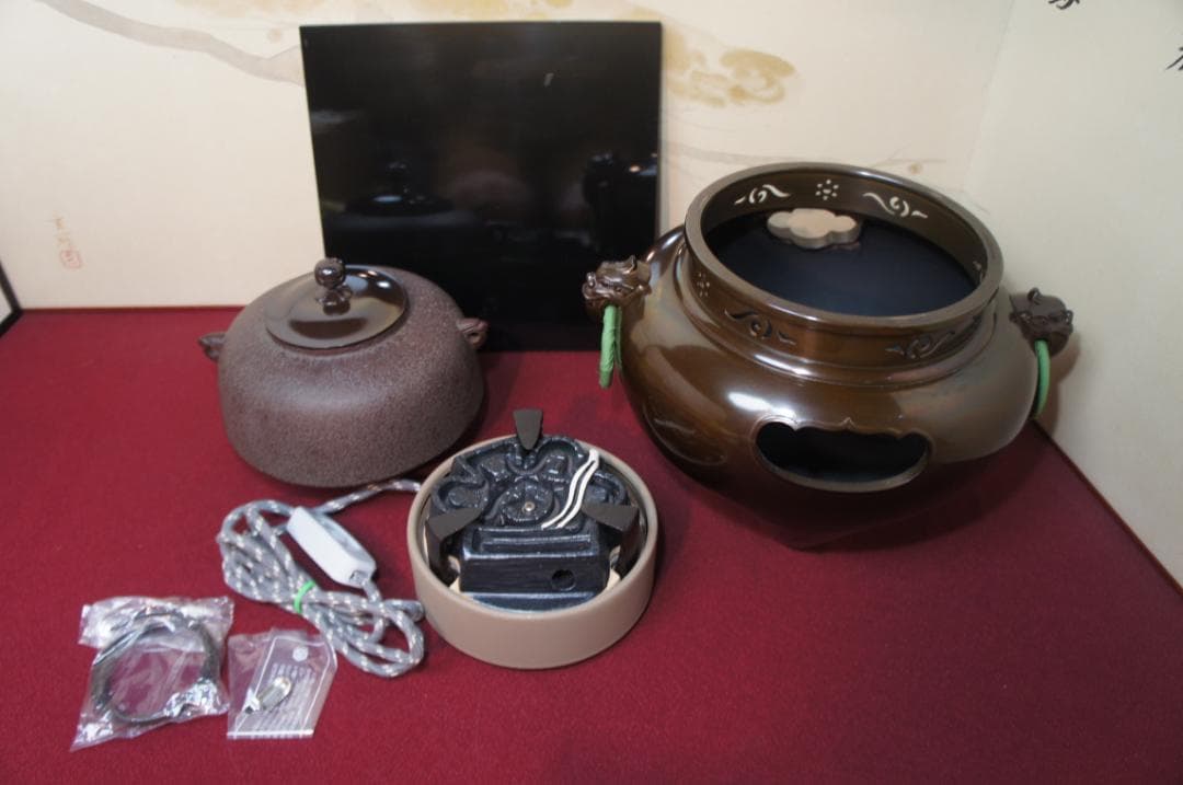 ☆美品 国宝経典作 真形釜添え唐銅鬼面風炉 唐銅蓋 釜鐶 電熱器他送料込み