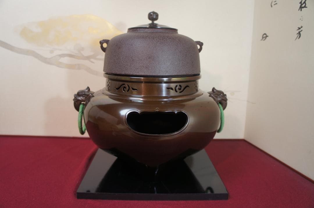 ☆美品 国宝経典作 真形釜添え唐銅鬼面風炉 唐銅蓋 釜鐶 電熱器他送料込み