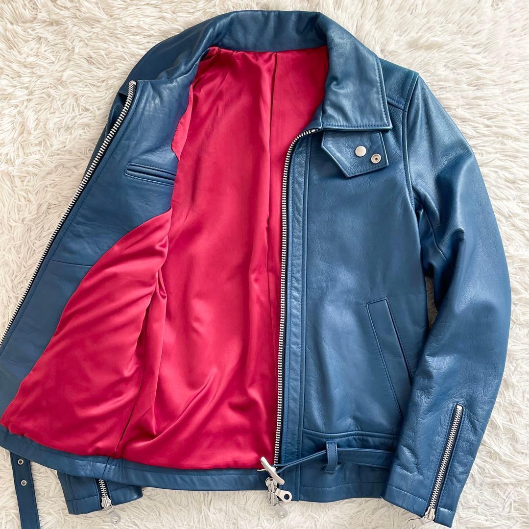 美品 NO ID. レザー シングルライダース ダブルジップ ブルー レッド