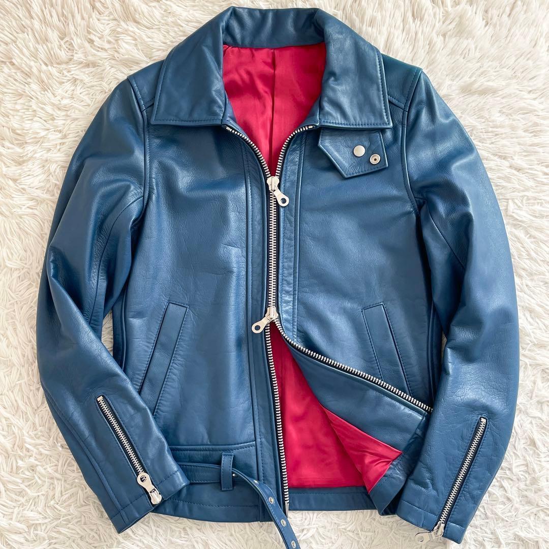美品 NO ID. レザー シングルライダース ダブルジップ ブルー レッド
