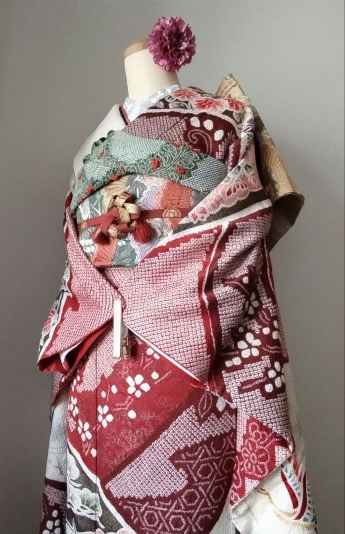 439.極上の総絞り　振袖7点セット 正絹　フルセット　成人式　ダークな苺