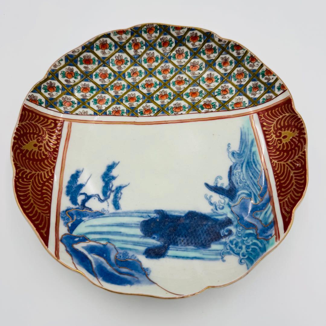 【時代　伊万里焼　滝に鯉　絵付皿　五客】骨董　アンティーク　インテリア