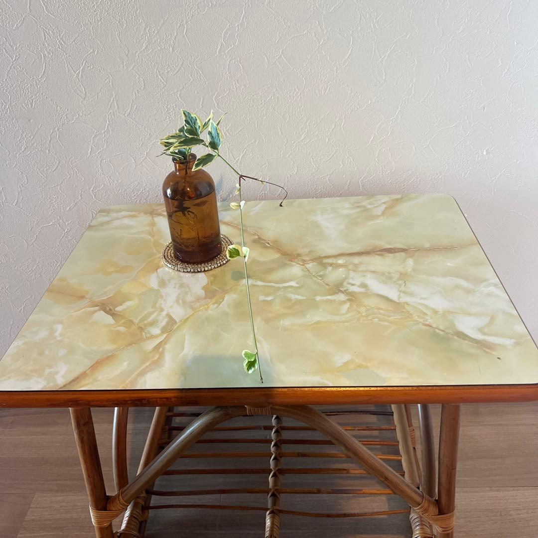 古家具◾️木製天板×籐ラタンフレーム カフェテーブル コーヒーテーブル 籐家具