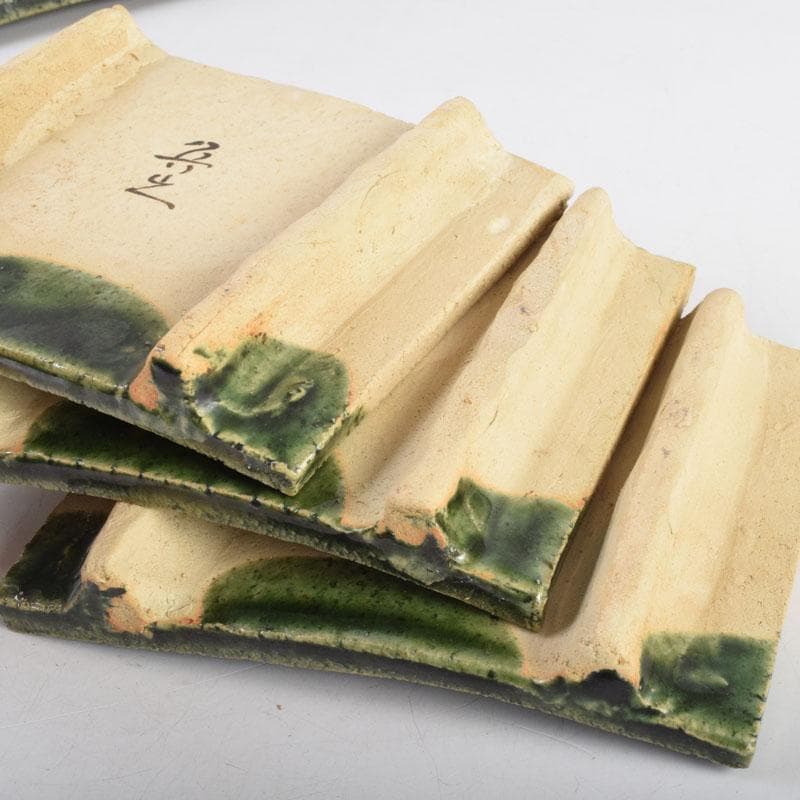 北大路魯山人作　織部焼　青織部　鳥文　四方皿　五客　時代箱　M　8981