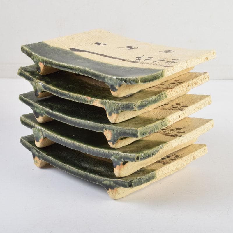 北大路魯山人作　織部焼　青織部　鳥文　四方皿　五客　時代箱　M　8981