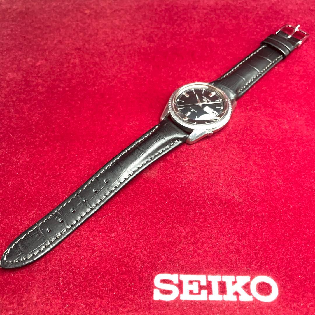 OH済 希少黒 未使用 SEIKO 5 風防新品換済 自動巻 フルーテッドベゼル