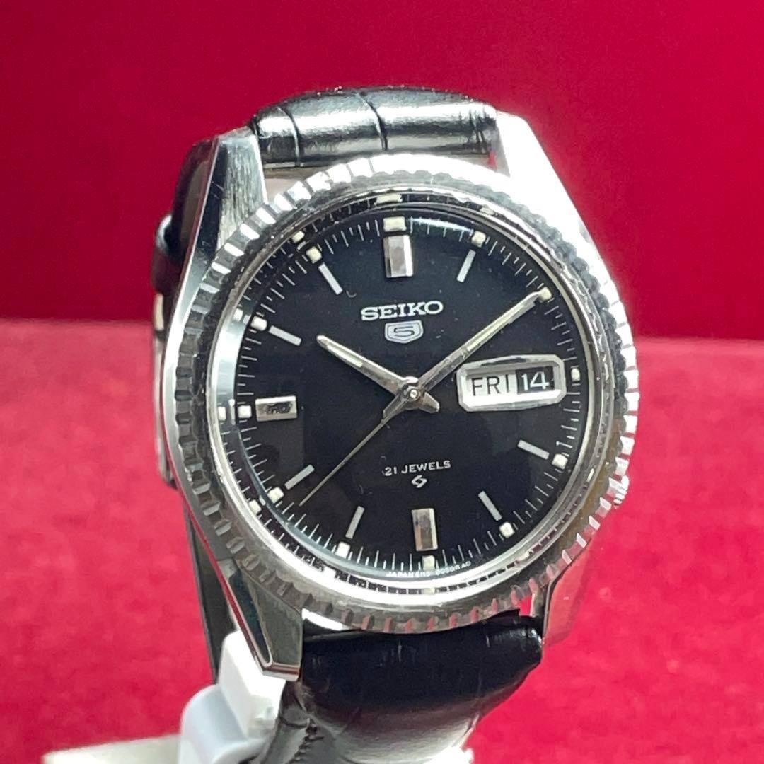 OH済 希少黒 未使用 SEIKO 5 風防新品換済 自動巻 フルーテッドベゼル