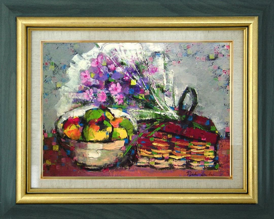 油絵 絵 絵画インテリア 額付(青緑＋金色の枠) uF6-062104 花 果物