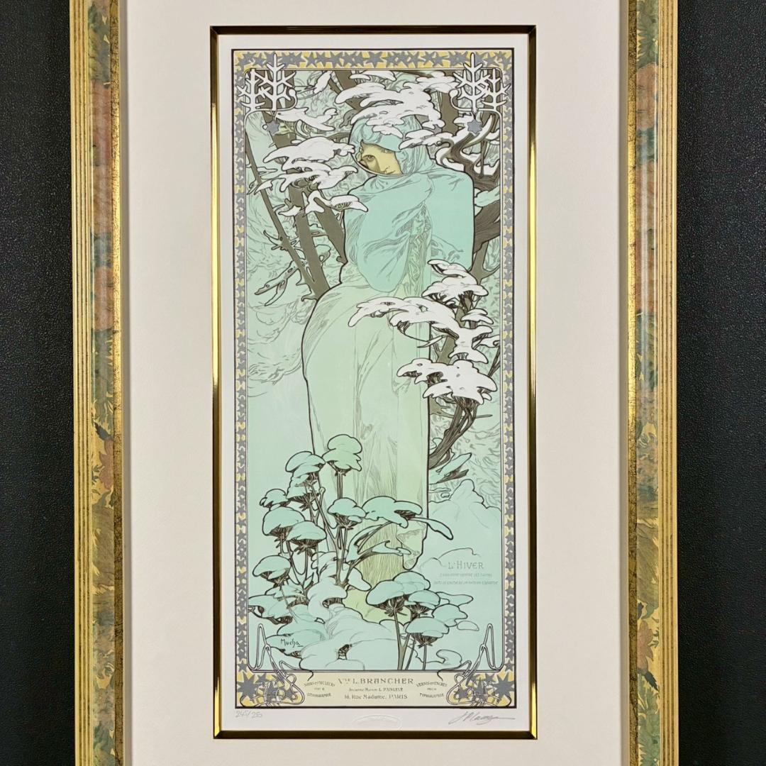 美品 アルフォンス・ミュシャ「四季・冬」リトグラフ 摺師サイン入り お洒落額装