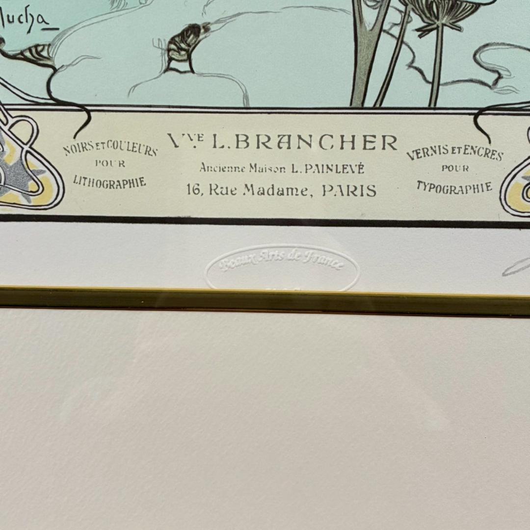 美品 アルフォンス・ミュシャ「四季・冬」リトグラフ 摺師サイン入り お洒落額装