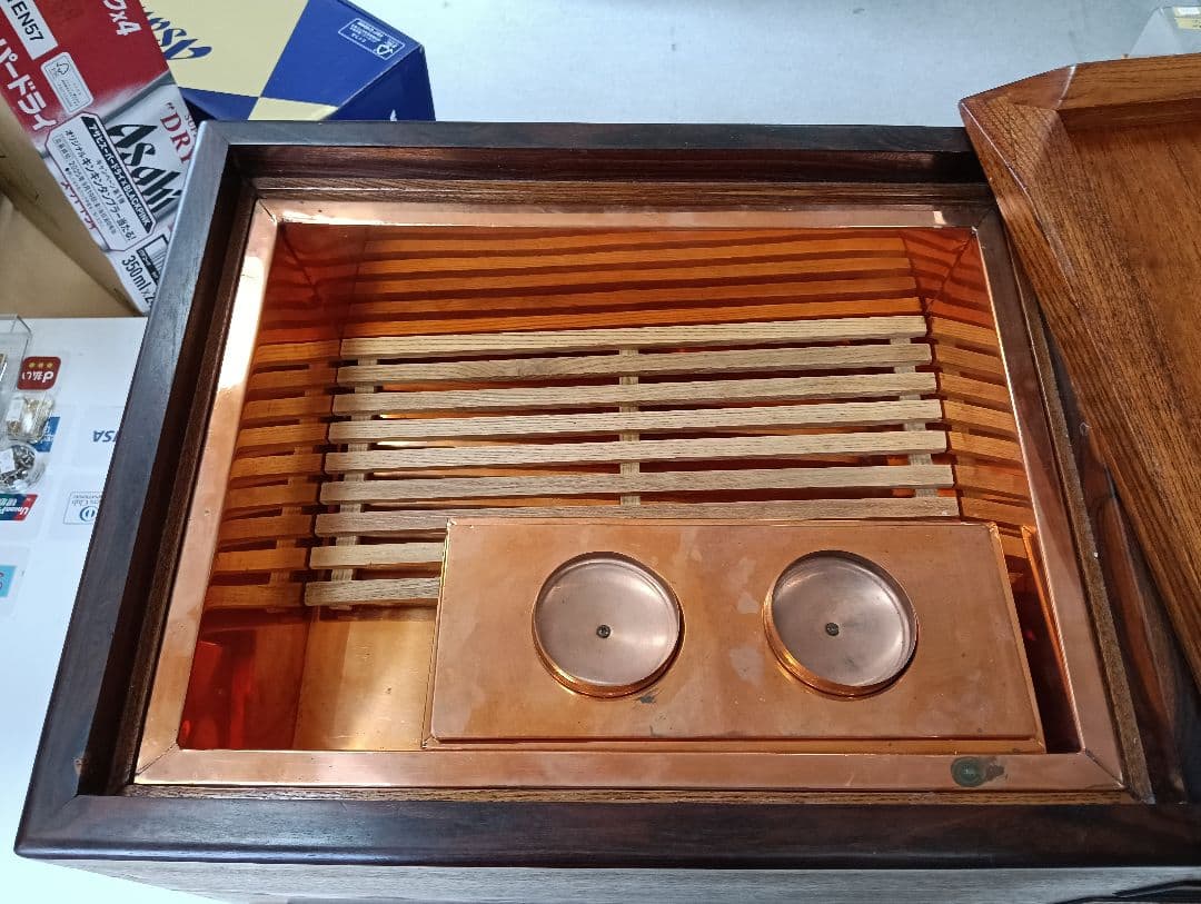 y【ビンテージ】木製火鉢 銅製内部コンパートメント付き