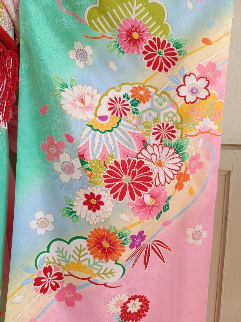 ミントグリーンの着物に白の作り帯セット☆七五三７歳　ハーフ成人式