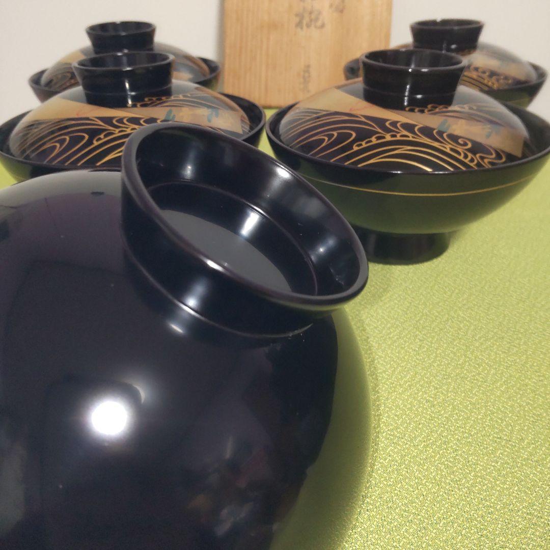 輪島塗 蓋付 椀 吸飲椀 波 鳥 金彩 蒔絵 松 黒 漆塗り 木箱付