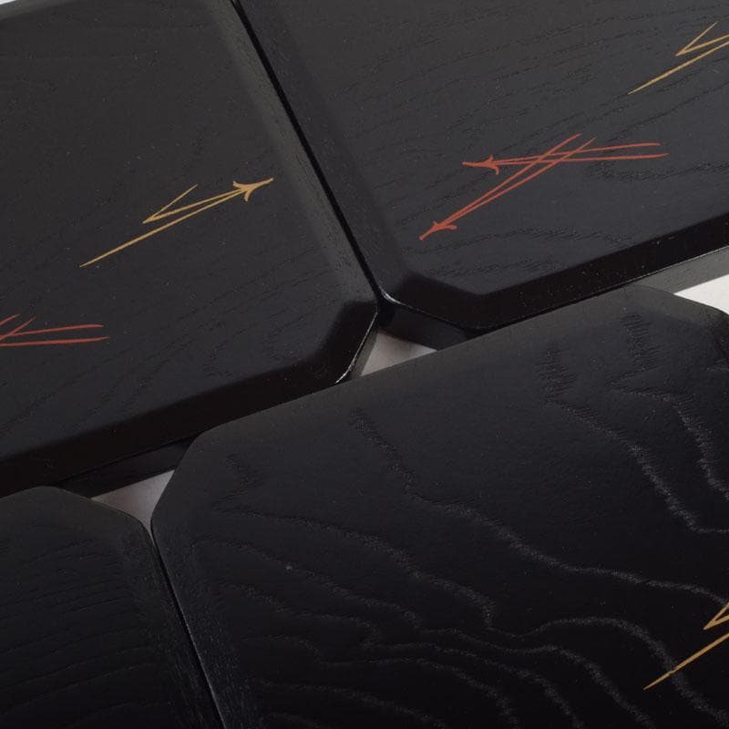 和食器　黒漆　松葉蒔絵　柿合　折曲重箱　5点　C　8625A