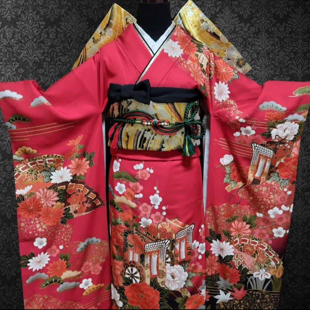 大特価SALE☆振袖フルセット(7点)・成人式・小柄な方向け・古典柄・金彩加工