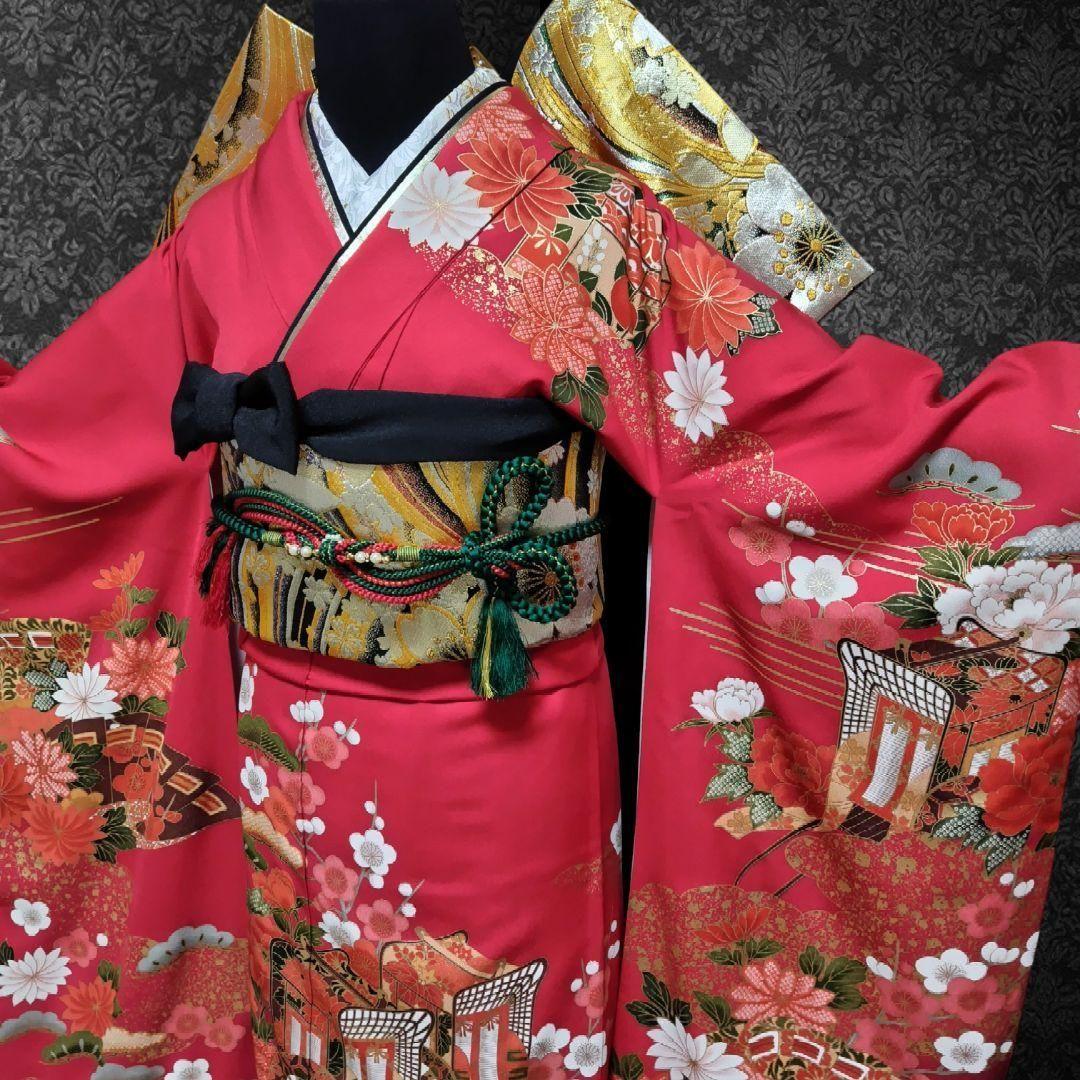 大特価SALE☆振袖フルセット(7点)・成人式・小柄な方向け・古典柄・金彩加工
