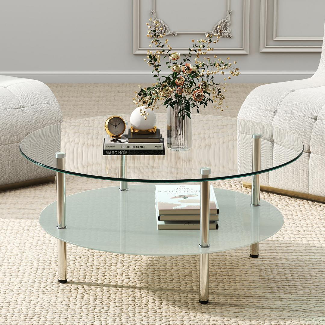 二段ラウンドコーヒーテーブル ホワイト 北欧モダン 収納棚付き 80cm