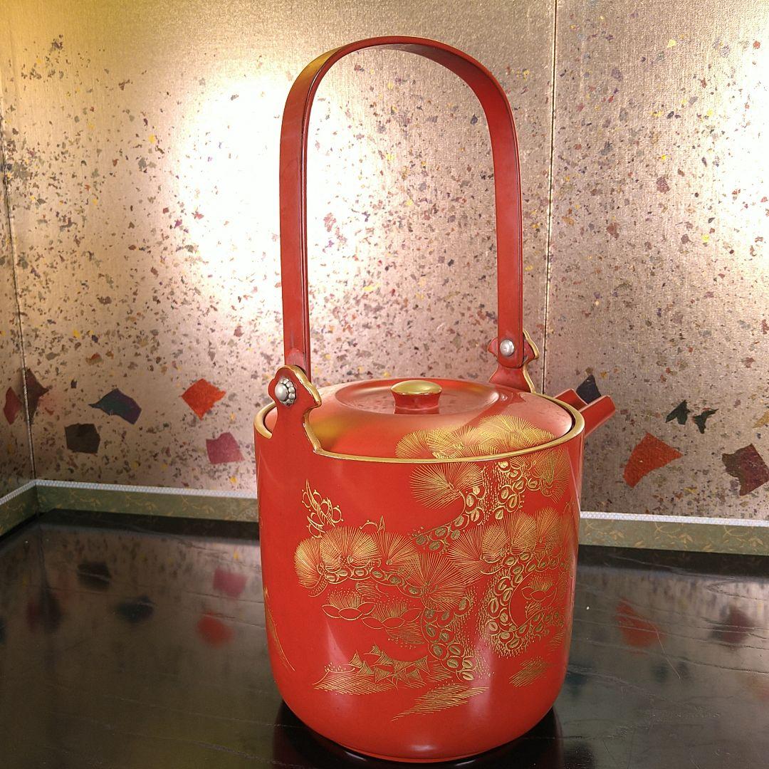 AA332 湯桶 輪島塗朱漆沈金蒔絵鶴松めでた図茶道具茶懐石