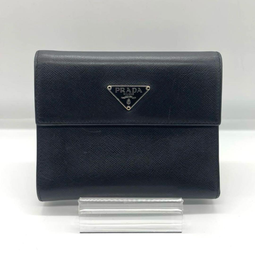 【美品】 PRADA プラダ サフィアーノレザー 折り財布 ブラック w4