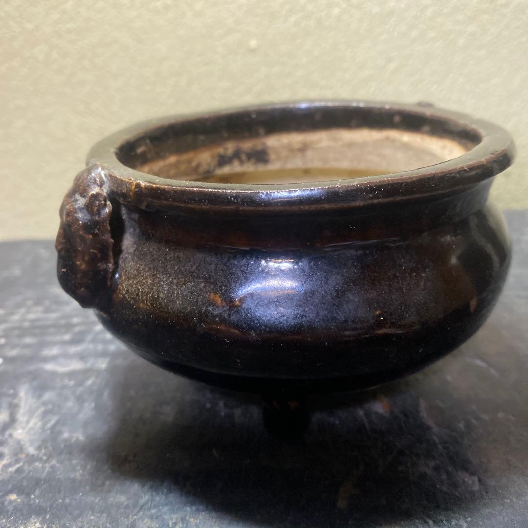 中国古玩　三つ足黒釉香炉7cm11cm