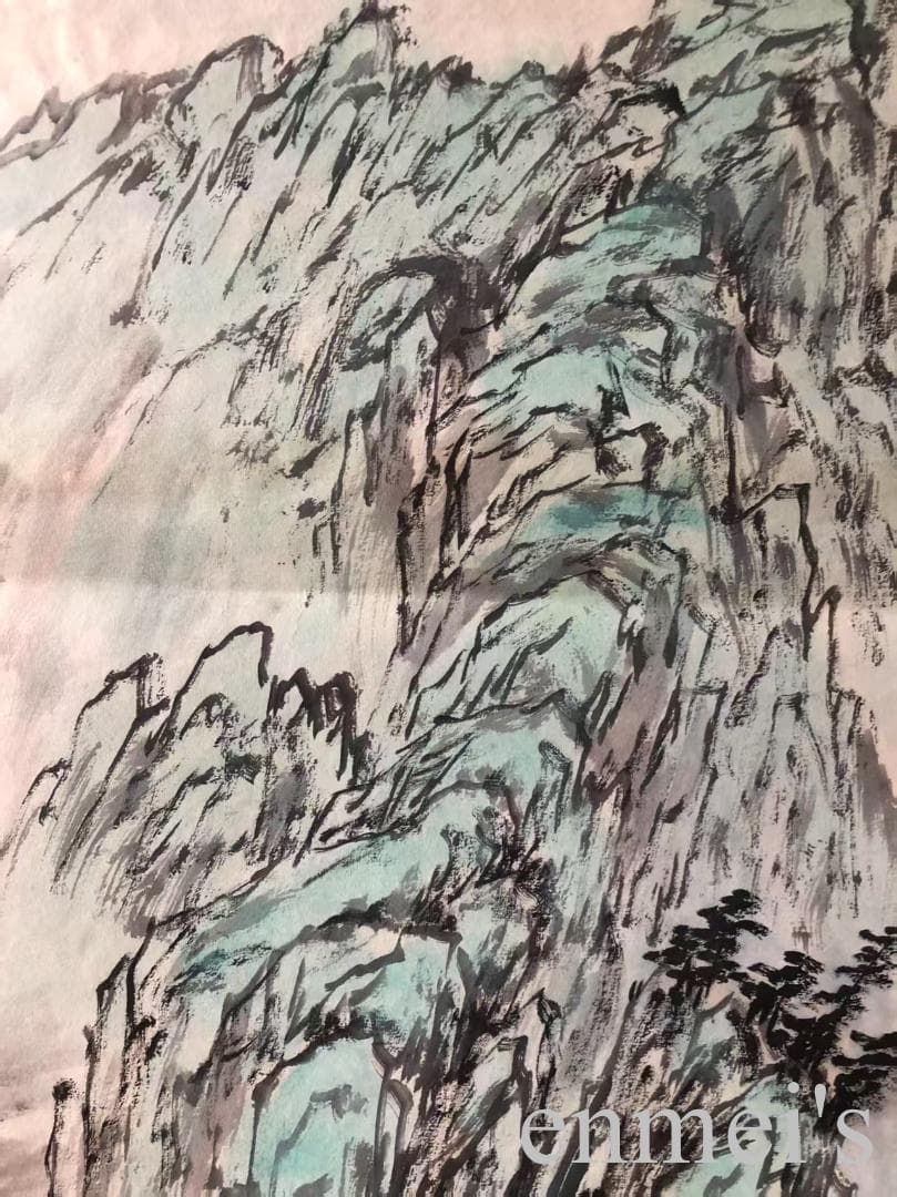 中国古美術・山水四条屏通屏画芯・黄宾虹印款・水墨画・純手描き・文房置物・水印付き