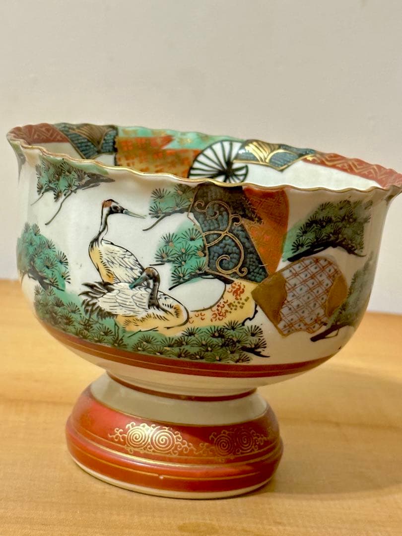 明治骨董鉢 古い重高台の菓子鉢 九谷銘　綺麗な　金彩錦　鶴と松絵　美術 送料無料