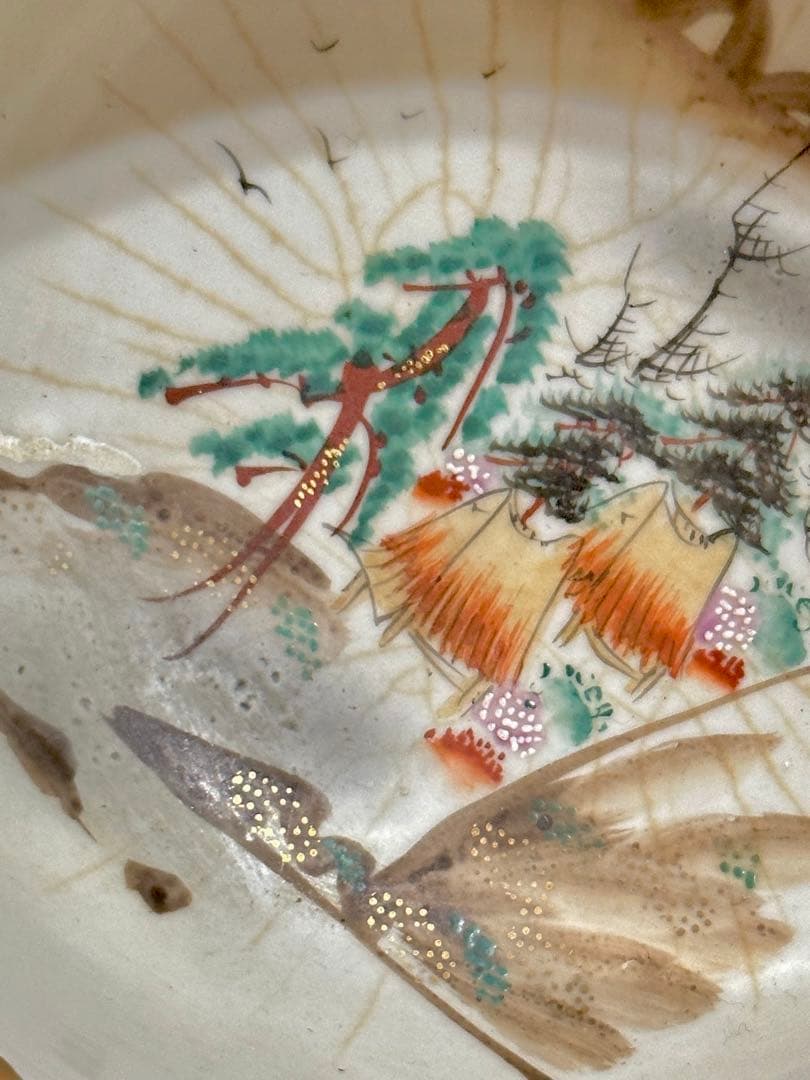 明治骨董鉢 古い重高台の菓子鉢 九谷銘　綺麗な　金彩錦　鶴と松絵　美術 送料無料