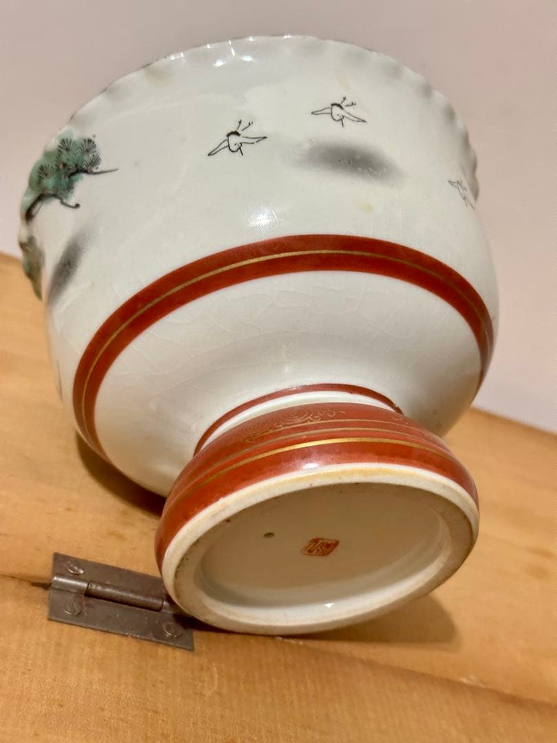 明治骨董鉢 古い重高台の菓子鉢 九谷銘　綺麗な　金彩錦　鶴と松絵　美術 送料無料