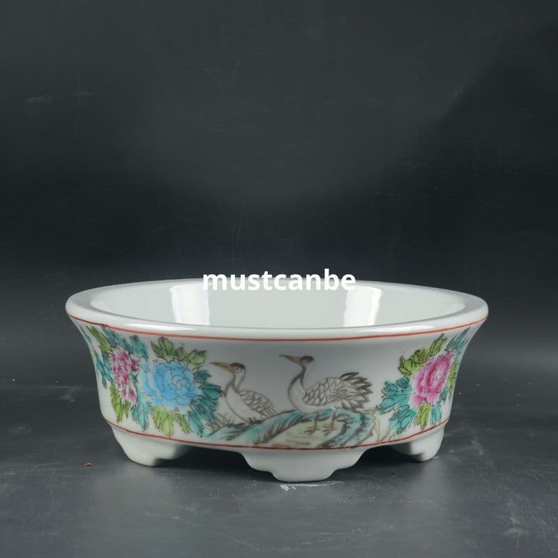 景徳鎮 磁器 手描きパステル彩鶴花鳥水仙鉢 大盆栽 小盆栽 工芸品 置物