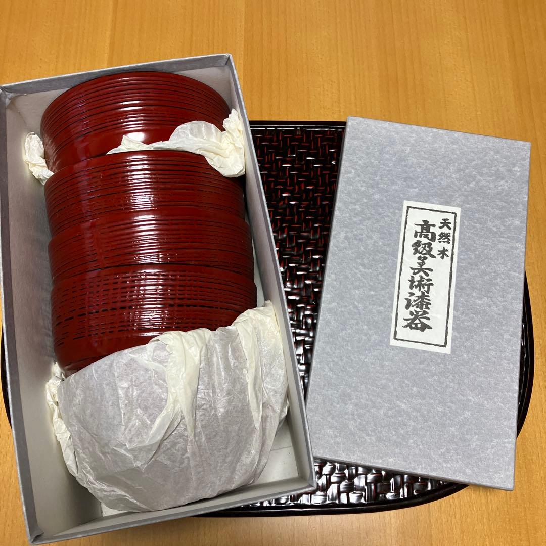 【未使用】天然木　根来塗　朱うるし塗　 平筋どんぶり　丼もの　雑煮椀　お椀　5P