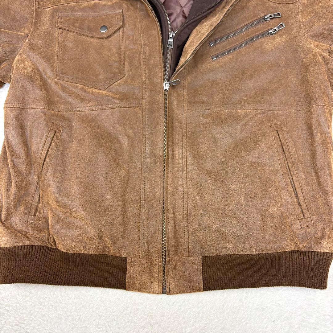 FLAVOR フード付 レザー ボマージャケット ライダースジャケット 茶色XL
