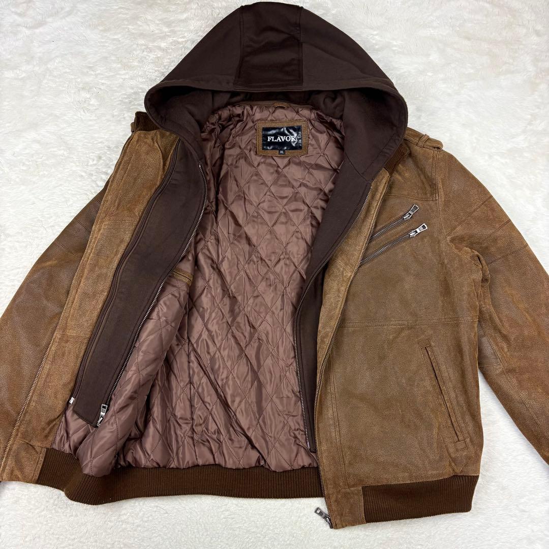FLAVOR フード付 レザー ボマージャケット ライダースジャケット 茶色XL