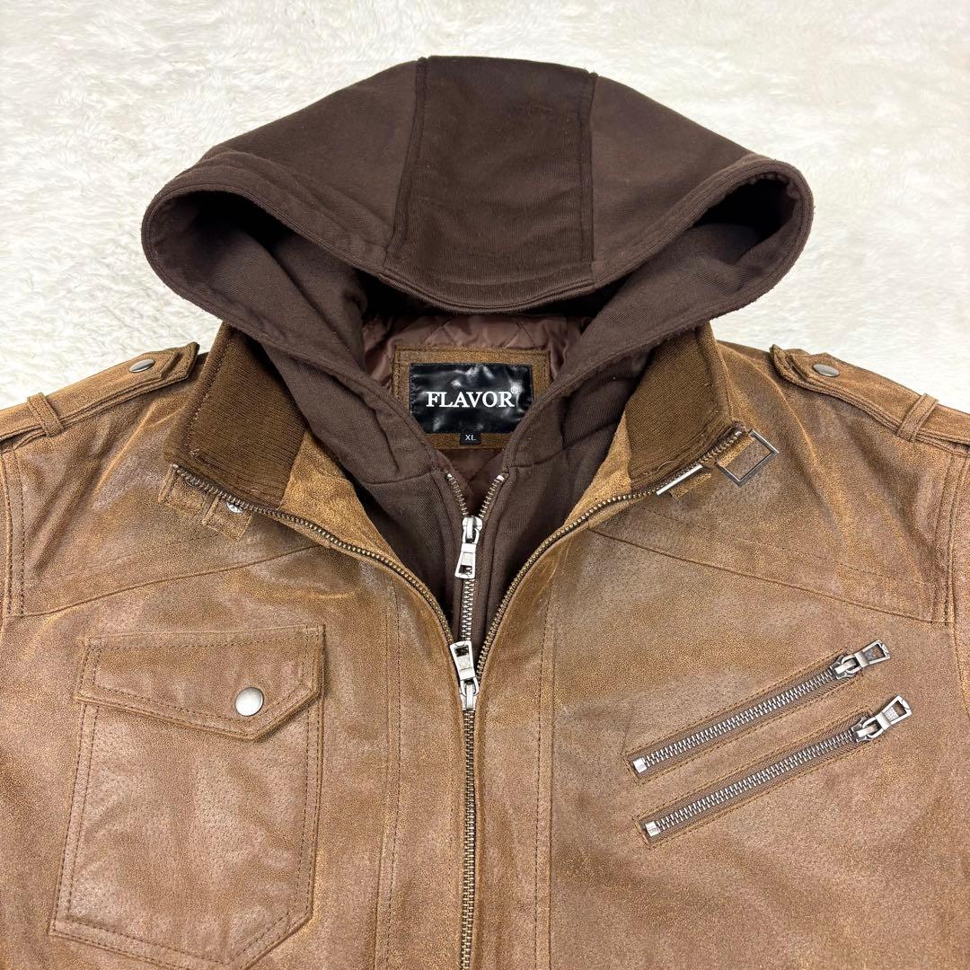 FLAVOR フード付 レザー ボマージャケット ライダースジャケット 茶色XL