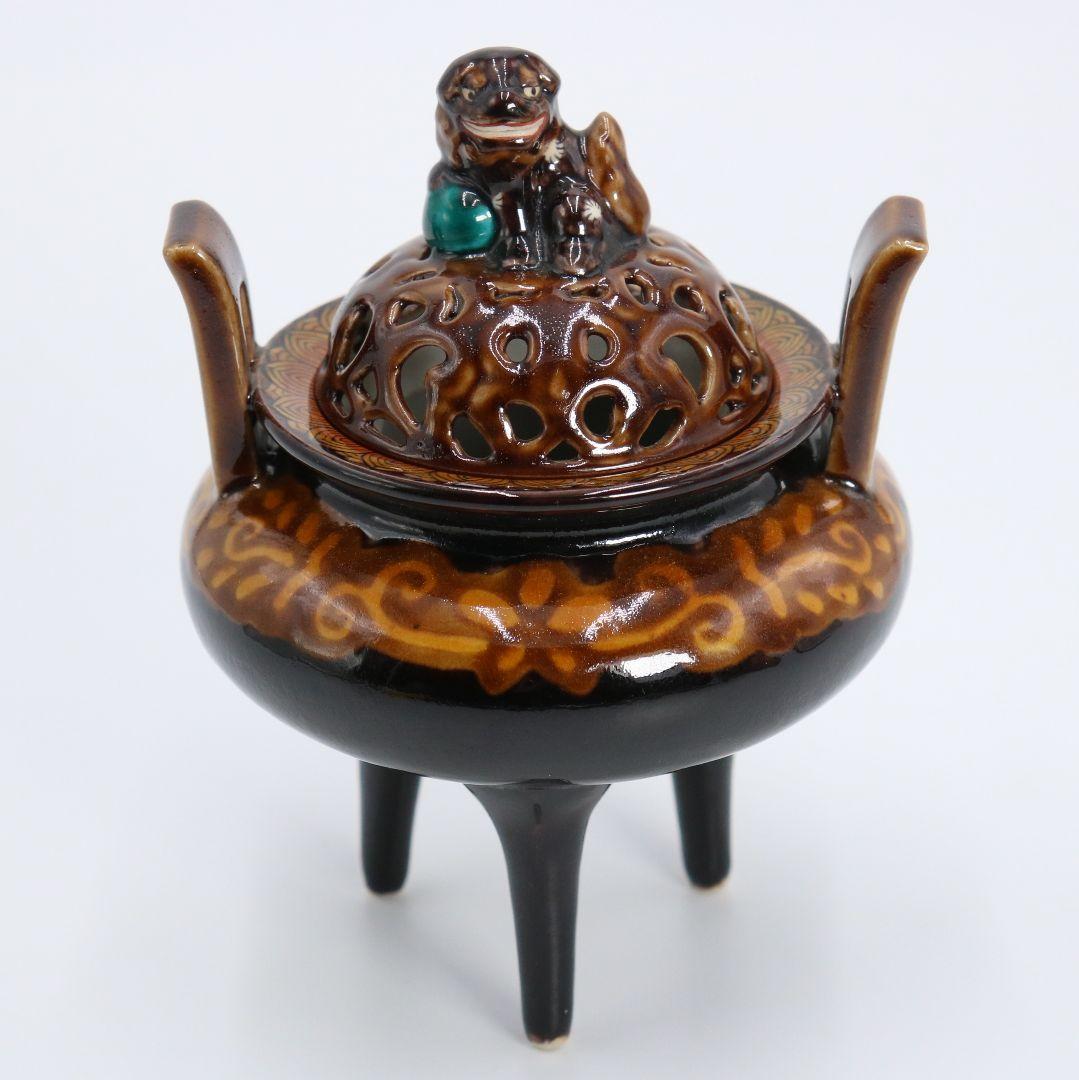 三ツ井為吉作 深厚釉香炉 九谷焼 火焔文皇玉獅子 高足三足 共箱共布　AP88