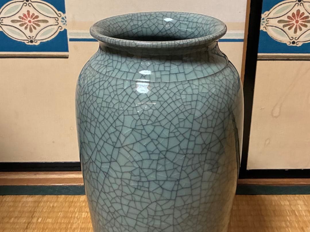 ひび割れ模様の青い花瓶 壺 花入 中国？