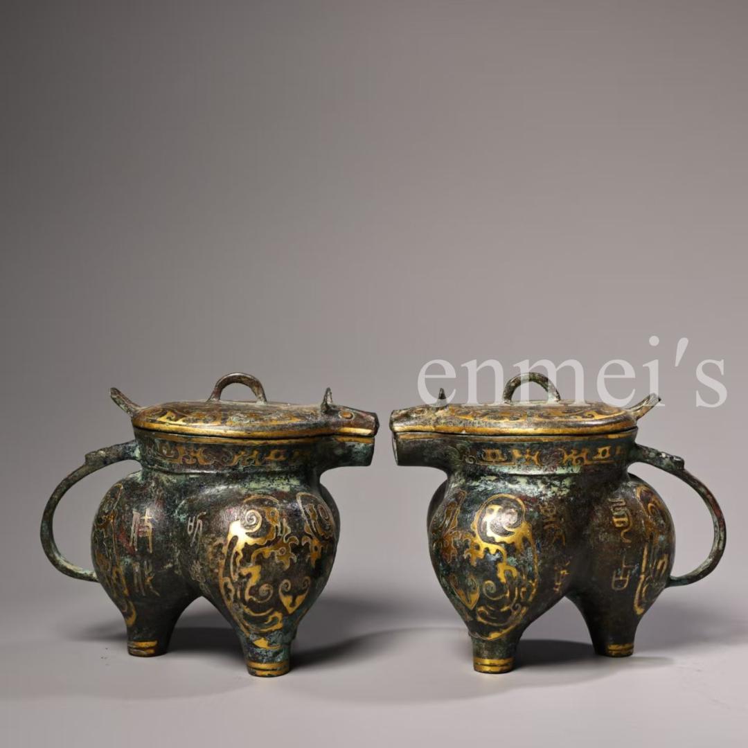 中国古美術・旧蔵青銅製錯金三足酒器 セット・酒具・分酒器・純手作り・置物・茶道具