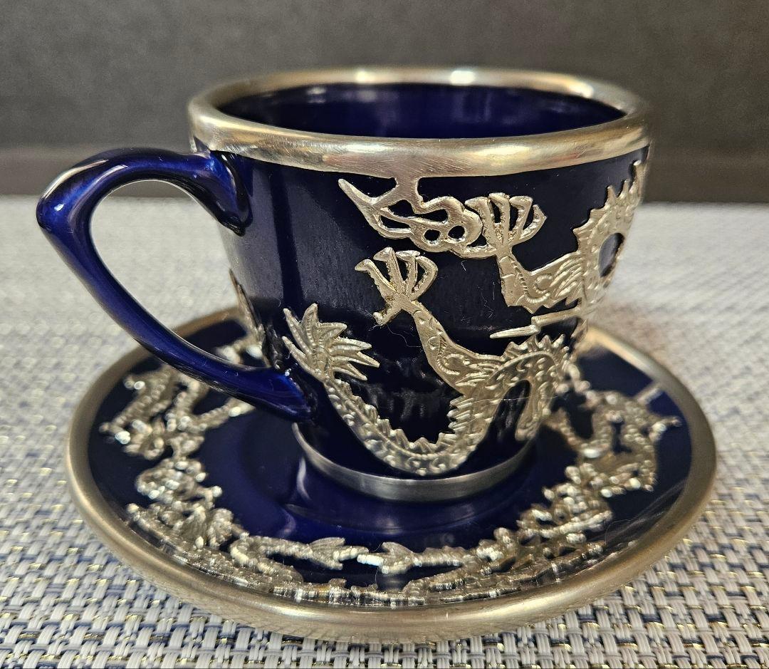 【華美❗】中国美術　瑠璃釉　錫廻し　玉取双龍の図　五爪の龍の図　カップ&ソーサー