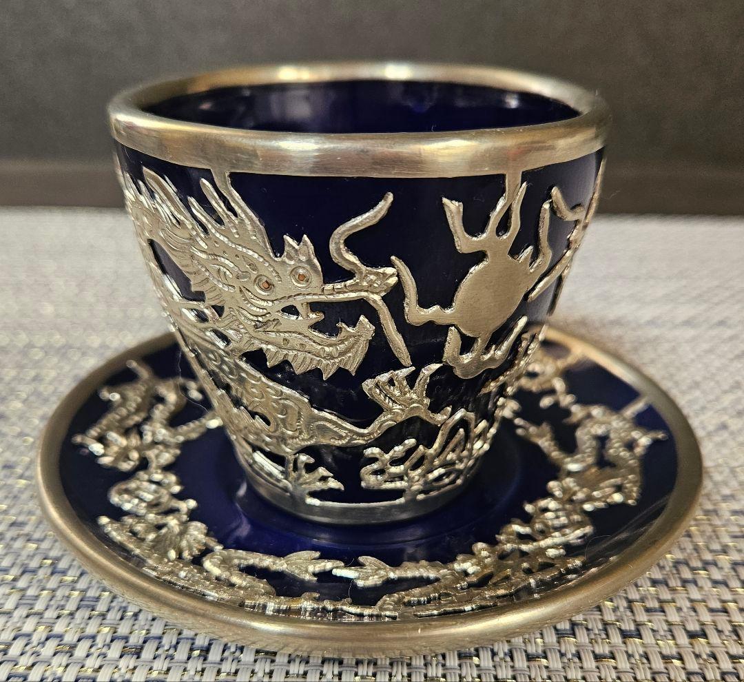 【華美❗】中国美術　瑠璃釉　錫廻し　玉取双龍の図　五爪の龍の図　カップ&ソーサー